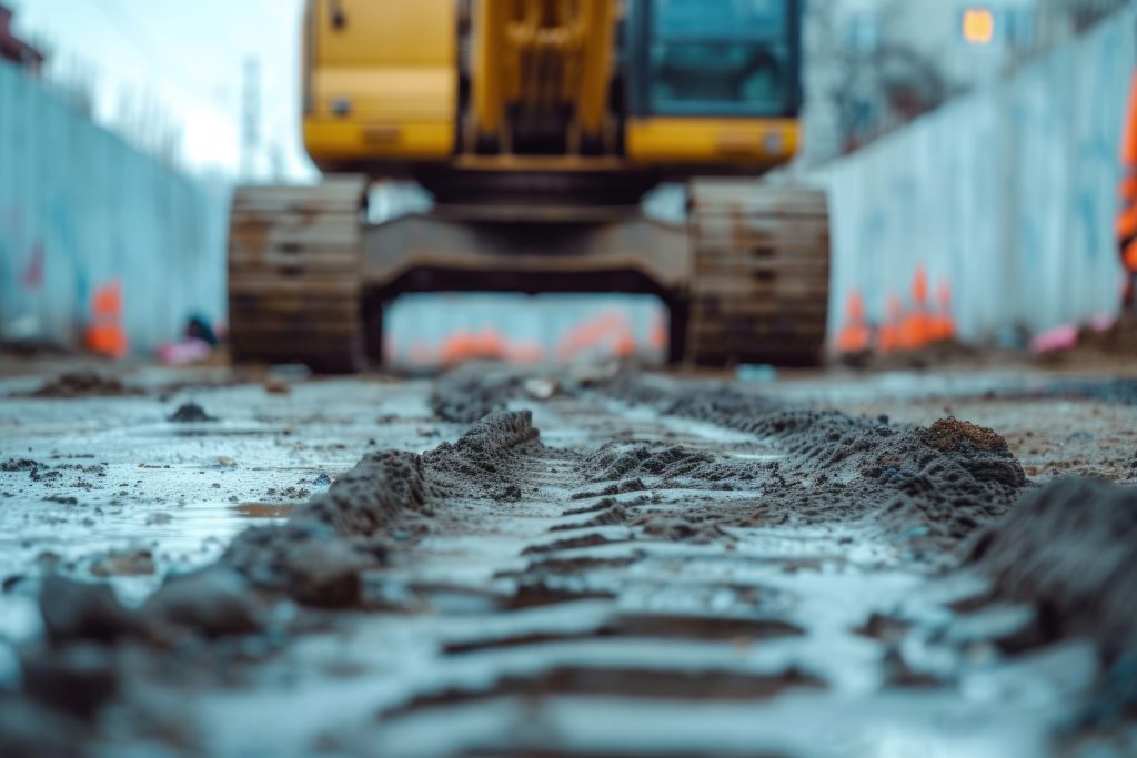Maszyna budowlana na placu budowy – firma budująca drogi w trakcie prac ziemnych