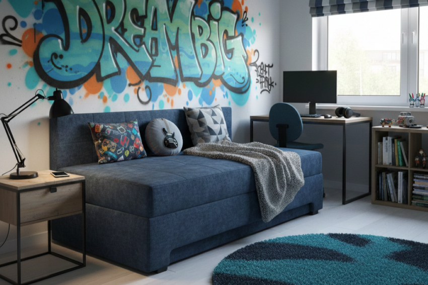 Pokój młodzieżowy z graffiti na ścianie. W centralnej części znajduje się ciemnoniebieski tapczan jednoosobowy z pojemnikiem na pościel, udekorowany kolorowymi poduszkami i szarym kocem.