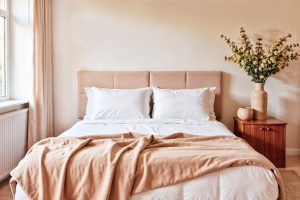 Jasna, przytulna sypialnia w kolorach ziemi, prezentująca łóżka tapicerowane z materacem, białą pościelą i beżowym narzutem. Obok łóżka stoi drewniana szafka nocna z wazonem z suszonymi kwiatami na tle ciepłej, beżowej ściany.
