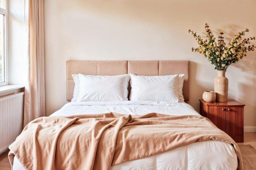 Jasna, przytulna sypialnia w kolorach ziemi, prezentująca łóżka tapicerowane z materacem, białą pościelą i beżowym narzutem. Obok łóżka stoi drewniana szafka nocna z wazonem z suszonymi kwiatami na tle ciepłej, beżowej ściany.